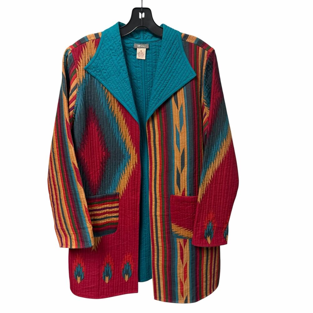 Anu Reversible Multicolor Quilted Southwestern Print Longline Jacket Medium